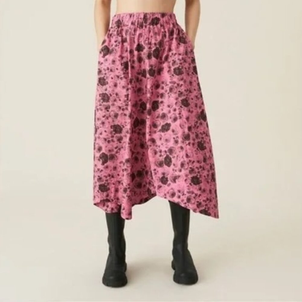 Ganni Rose-print Organic-cotton Midi Skirt